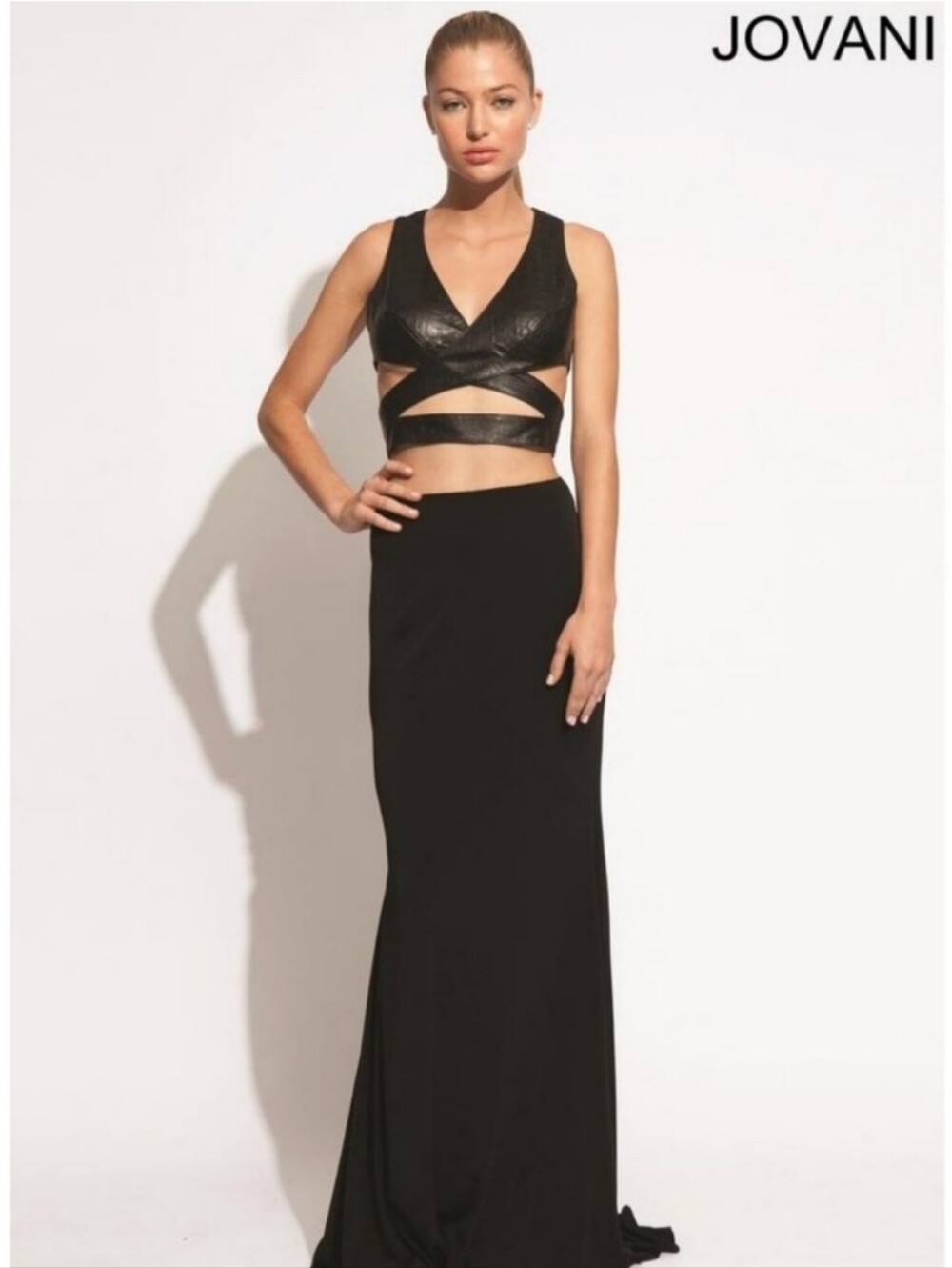 New Jovani Black Cutout Maxi Dress Gown Vegan Leather Wrap Bodice Column Design
